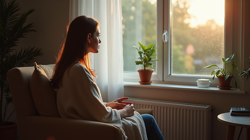 Nahaufnahme einer Frau, die ruhig in einem gemütlichen Raum sitzt und nachdenklich aus dem Fenster schaut