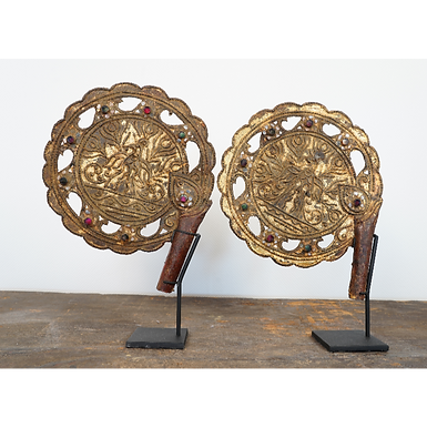 86 - Pair of Mandalay Fan with Gilded Gold and Glass 19th c Burma