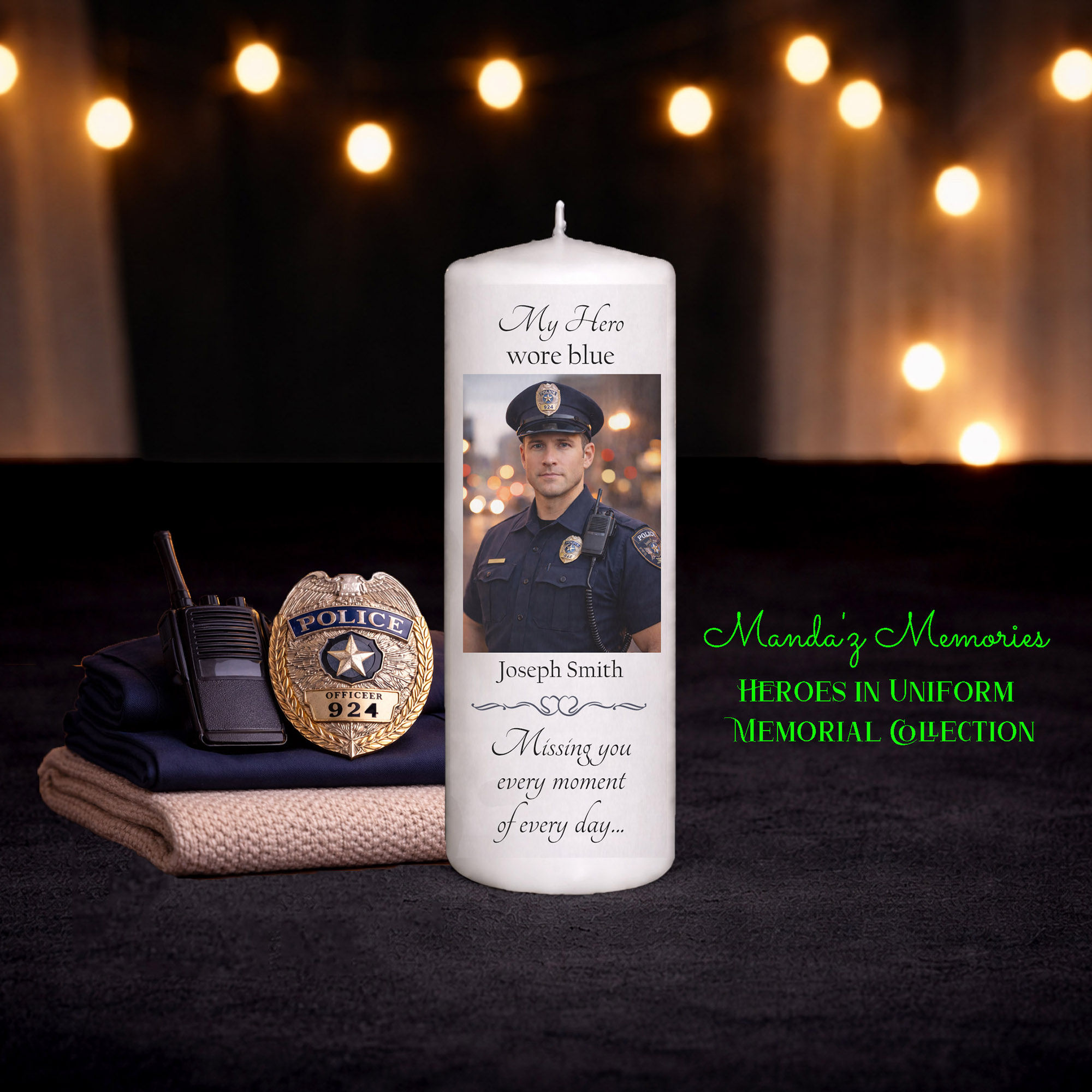 My Hero Wore Blue personalized hero memorial photo candle uniform tribute keepsake gift
