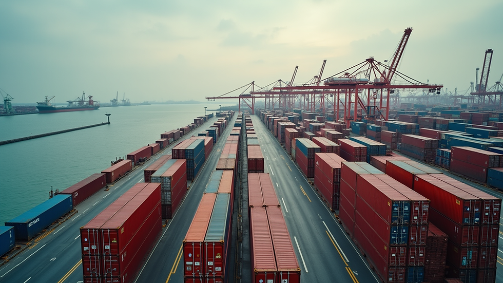 High angle view of a busy shipping port with containers stacked high