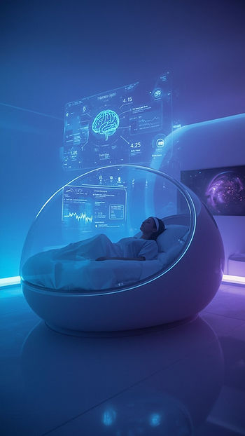 A person relaxes in a futuristic sleeping pod, accompanied by AI-powered holographic displays monitoring brain activity and sleep data, set in a serene blue-lit room. (AI Generated)