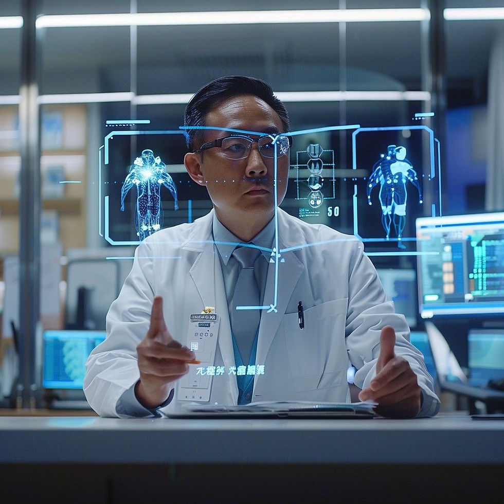 A doctor in a lab coat interacts with a transparent digital screen displaying medical diagrams in a high-tech lab. Mood is focused.