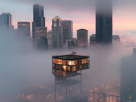 Skyscrapers covered with fog. Analogy of brain fog for CEO.