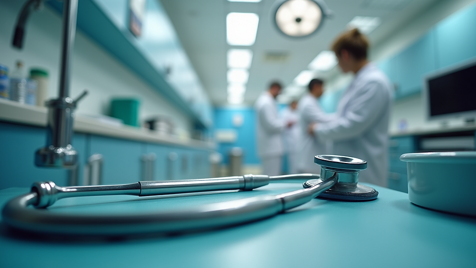 Eye-level view of a doctor's office filled with medical tools