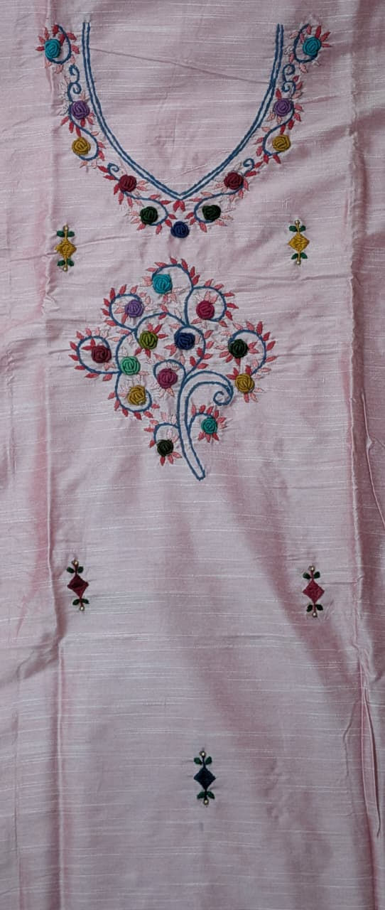 Premium Hand-Embroidered Raw Silk Unstitched Kurta Fabric (2.5 Meters)-Shreevaya