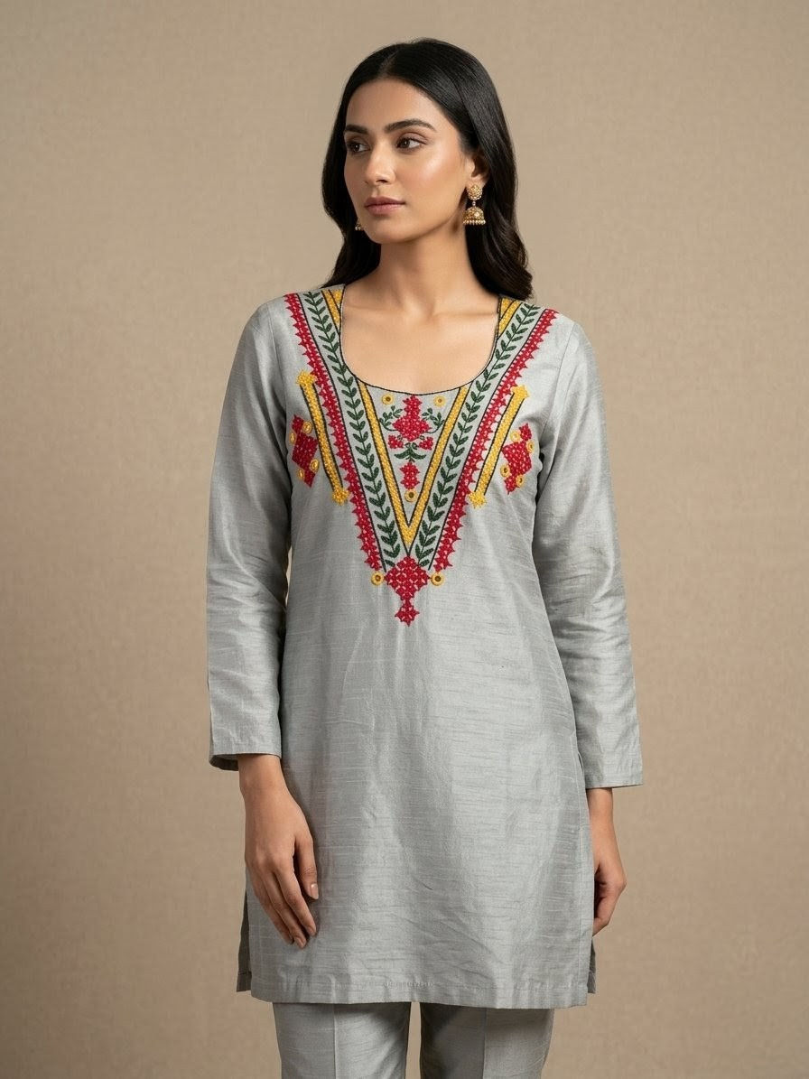 Hand-Embroidered Grey Raw Silk unstiched Kurta Fabric - 2.5 Meters