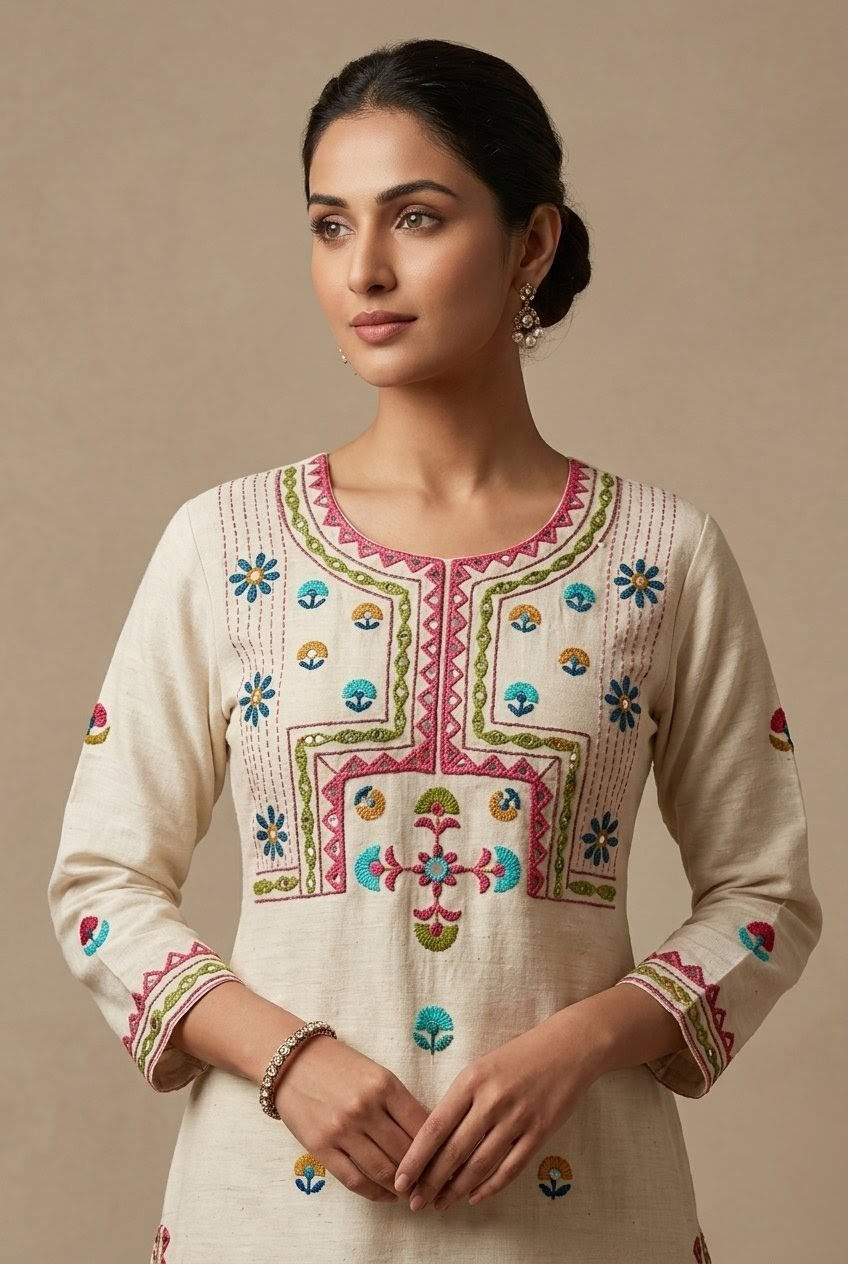 Off-White Khadi Cotton Unstitched Kurta Fabric with Geometric Floral Embroidery