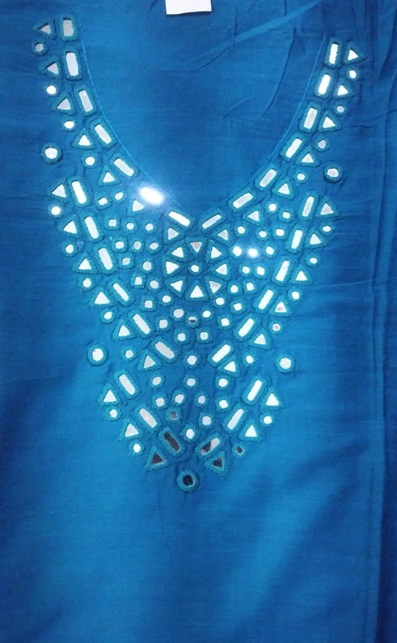 Blue Cotton Kurti Fabric with Elegant Embroidered Neck Design, 2.5 Meter Length