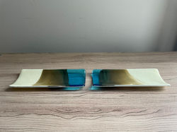 Pair of 6" x3" Turquoise & French Vanilla Plates 1 - Side View