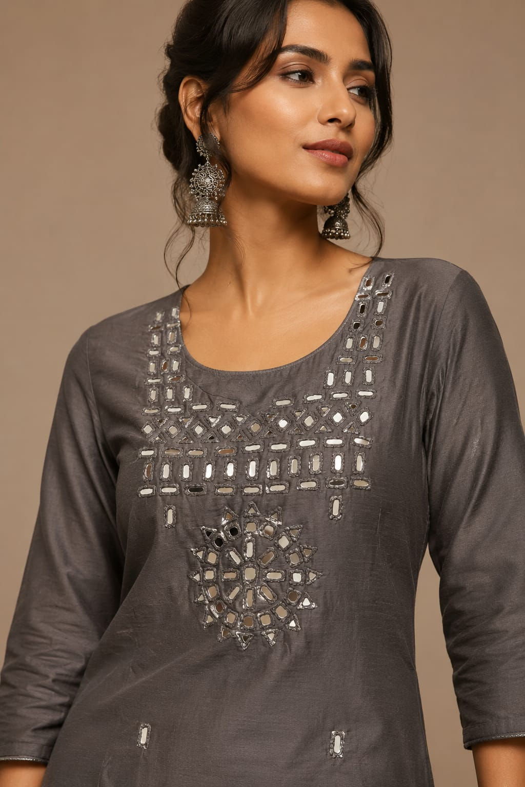 Elegant Grey Raw Silk Unstitched Kurta Fabric with Mirror Work - 2.5 Meters