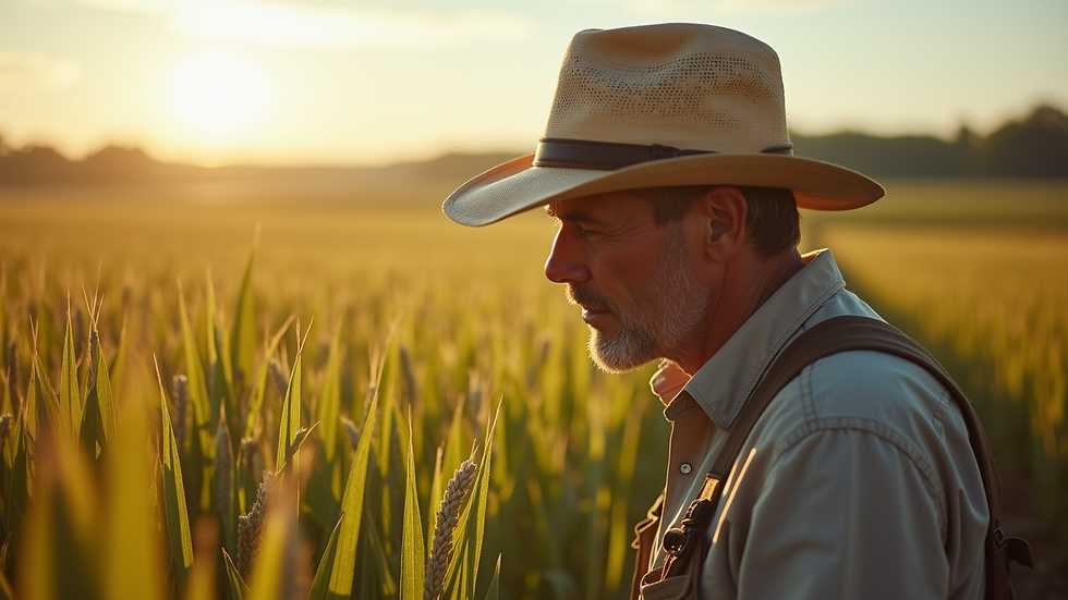 Close-up view of a farmer inspecting crops in a field