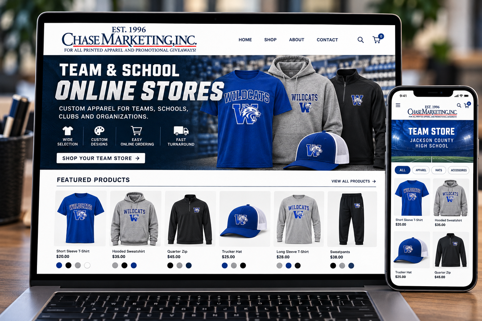 Custom online apparel store shown on laptop and phone