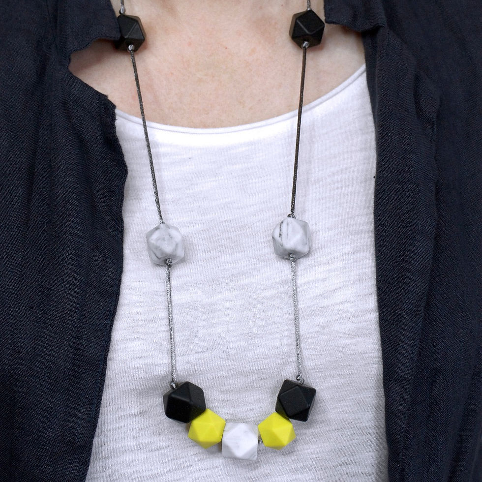 Thumbnail: Lime, grey and black station necklace worn with white T-shirt and blue linen jacket