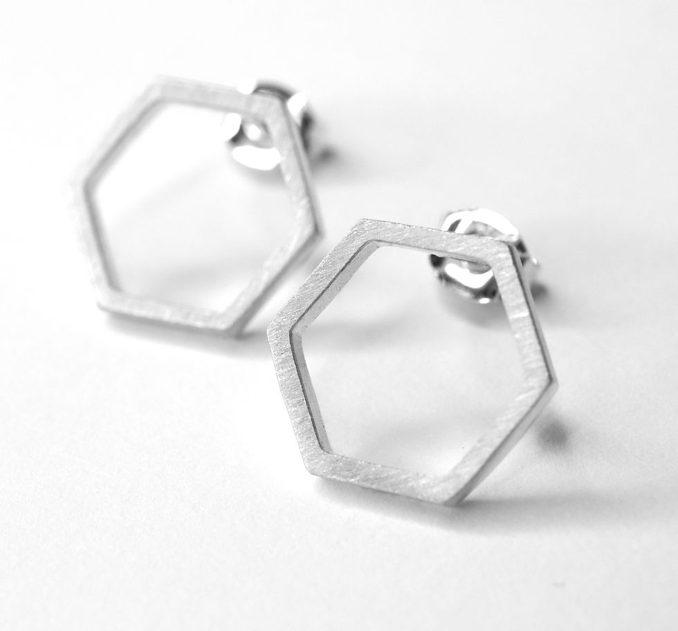 Thumbnail: BOMBUS Collection - Small Silver Hexagon Earrings