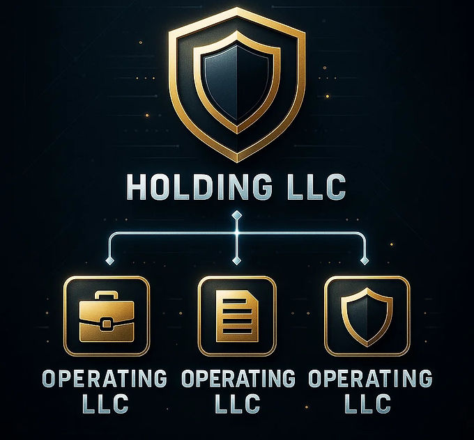Visual diagram showing a parent holding LLC connected to multiple operating LLCs, on a tactical Strike Force-branded background with gold and black styling.