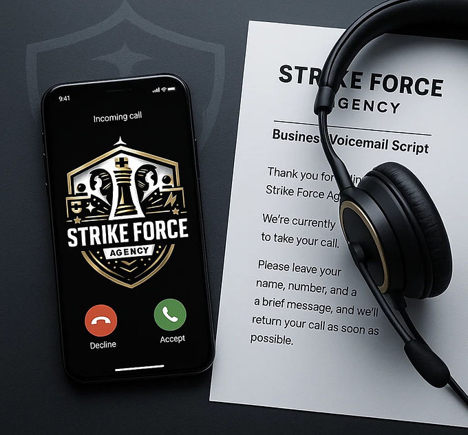 Smartphone screen displaying a business call with ‘Strike Force Agency’ caller ID, next to a branded voicemail script and gold-accented headset.