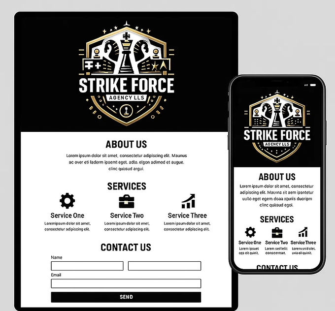 One-page website mockup with modern business design, Strike Force branding, and a clean mobile preview.