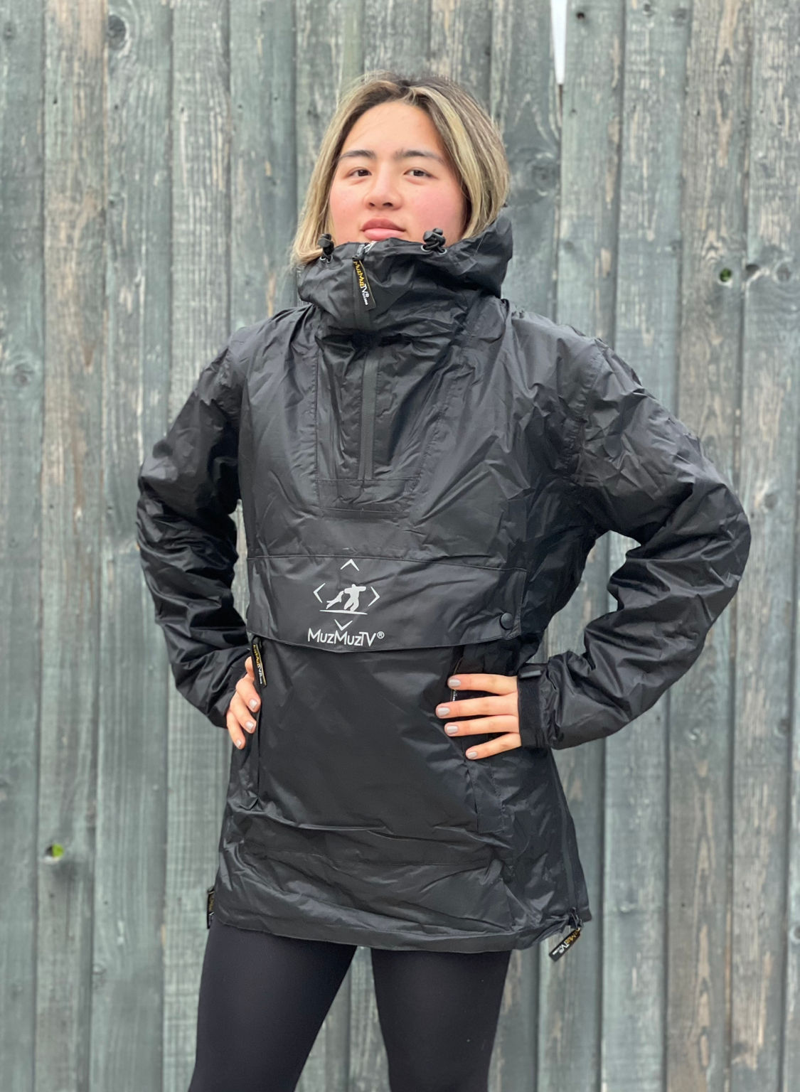 MuzMuzTV Waterproof Black Reflective Logo Half Zip Front Pouch Jacket