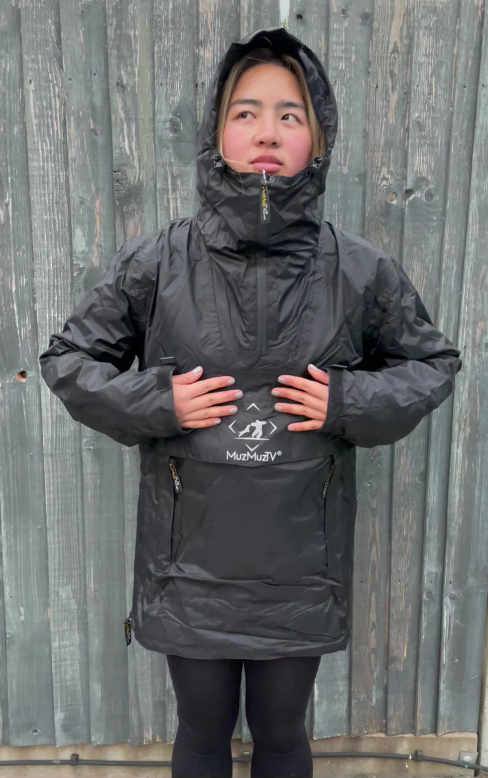 Thumbnail: MuzMuzTV Waterproof Black Reflective Logo Half Zip Front Pouch Jacket
