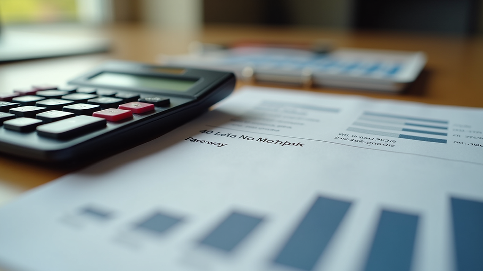 Close-up view of a calculator and financial documents on a wooden table