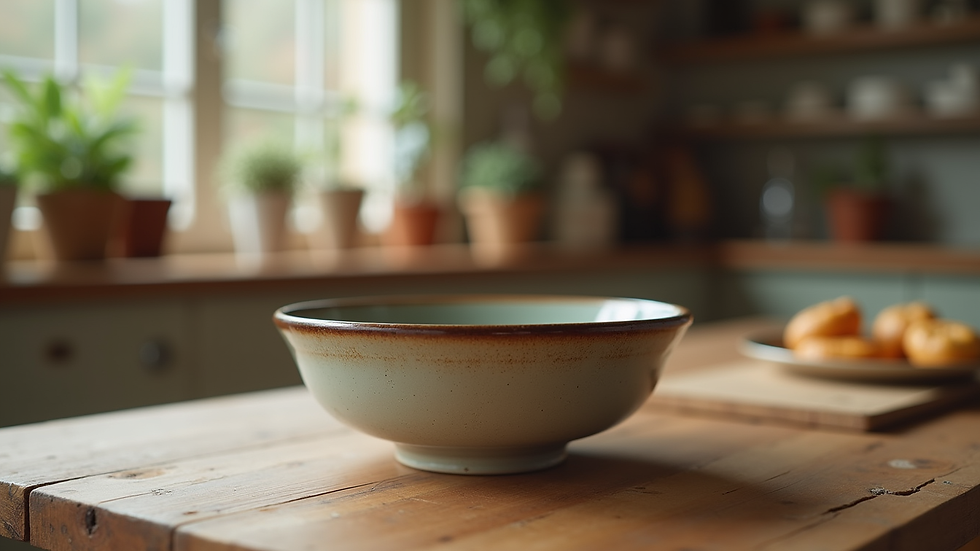 Close-up of a vintage ceramic bowl on a wooden kitchen table