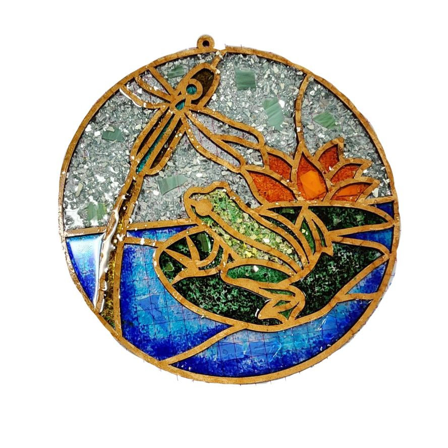 Faux Stained Glass Woodcut Frog & Lily Pad