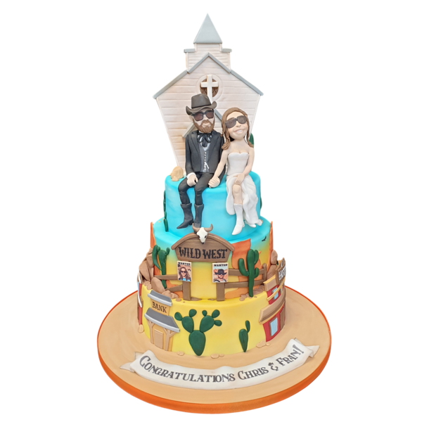 Two-tier Wild West-themed wedding cake with sugar paste decorations.