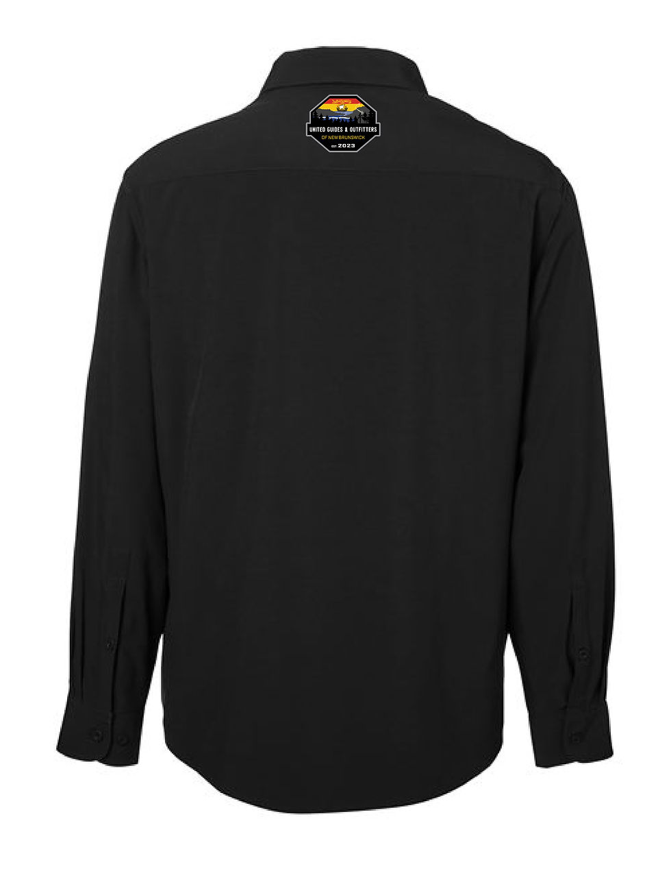 Thumbnail: Plain black long-sleeved button-up shirt with small orange collar label.