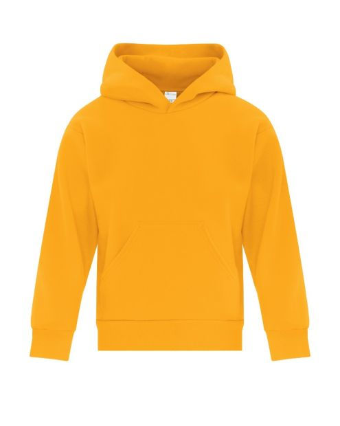 Thumbnail: Plain bright yellow children's hooded sweatshirt with front kangaroo pocket.