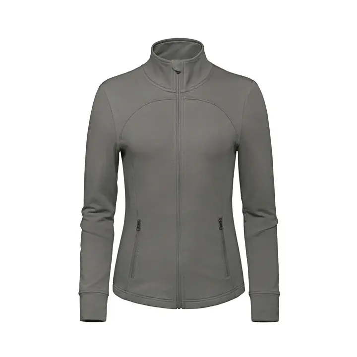 Thumbnail: Gray full-zip athletic jacket with stand-up collar and long sleeves.