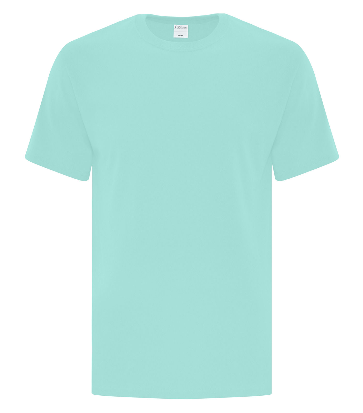 Plain light blue short-sleeve crew neck t-shirt on white background.