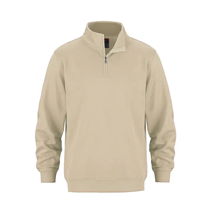 Thumbnail: Beige quarter zip long sleeve pullover shirt on white background.