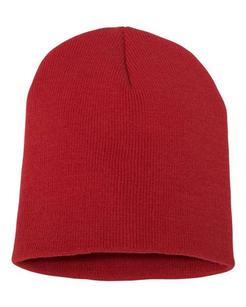 Thumbnail: Plain red knitted beanie hat for cold weather.