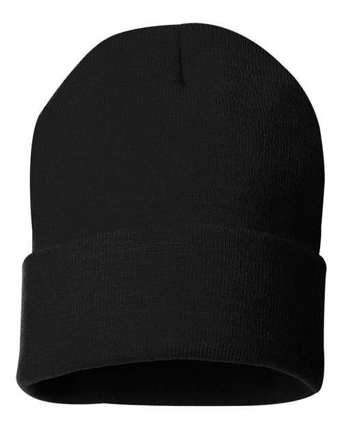 Thumbnail: Plain black knitted beanie hat with folded cuff, winter accessory.