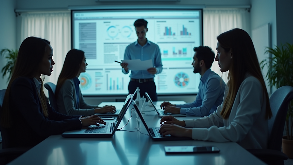 Eye-level view of a team collaborating with AI tools for decision-making