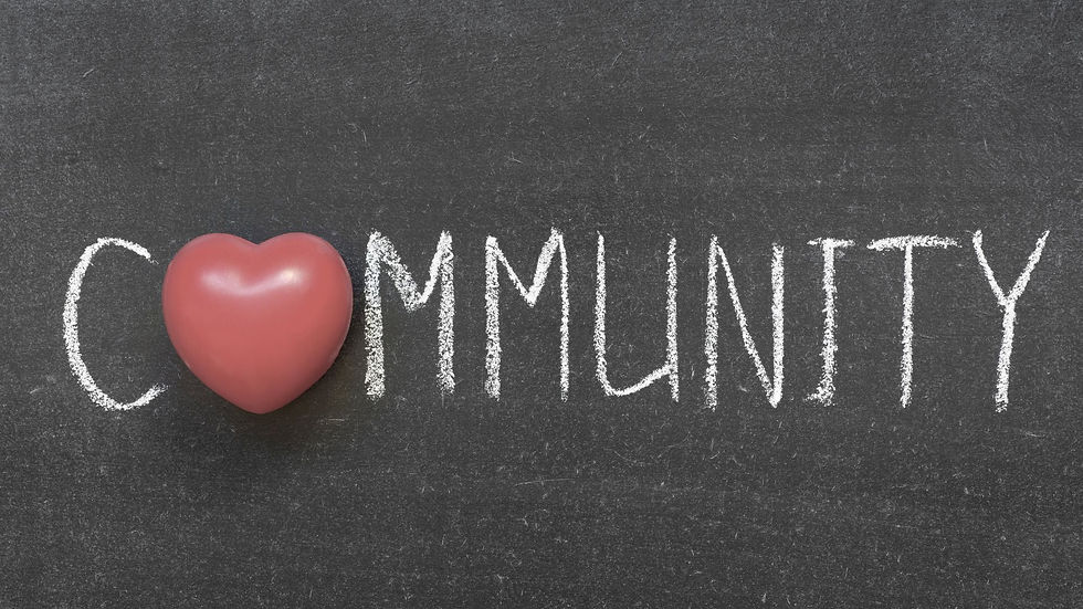 Heart shape replaces "o" in "community" on a chalkboard, symbolizing love and unity. The blackboard background enhances focus on text.