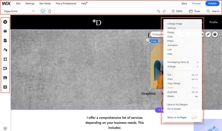 Wix Editor layout used to design a hobby or indie project website