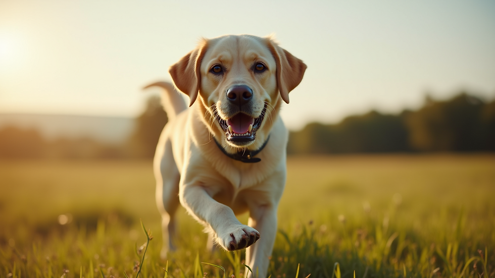 Eye-level view of a Labrador Retriever playing in a grassy field