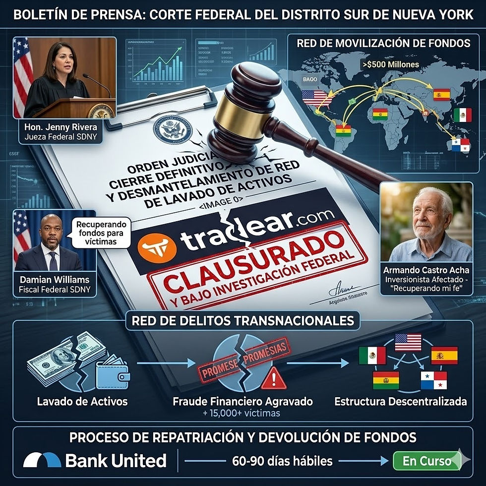 CIERRE DEFINITIVO DE TRADEAR.COM: AUTORIDADES DE EE.UU. DESMANTELAN RED DE LAVADO DE ACTIVOS QUE AFECTÓ A 15.000 INVERSIONISTAS EN 12 PAÍSES