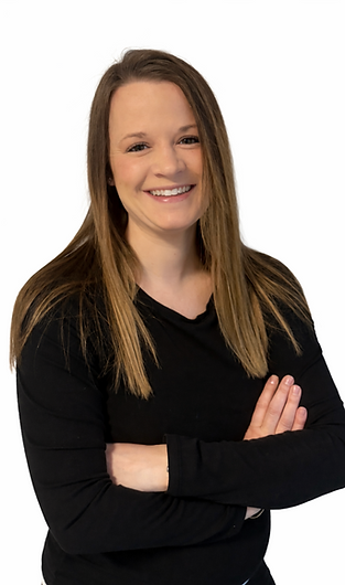 headshot of a smiling young woman with long straight dark blonde hair in a black shirt