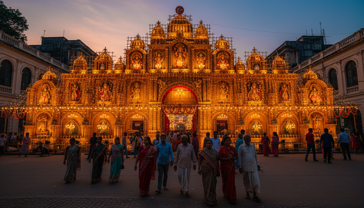 Wide-angle view of a Durga Puja pandal entrance in West Bengal with evening lights and visitors walking calmly
