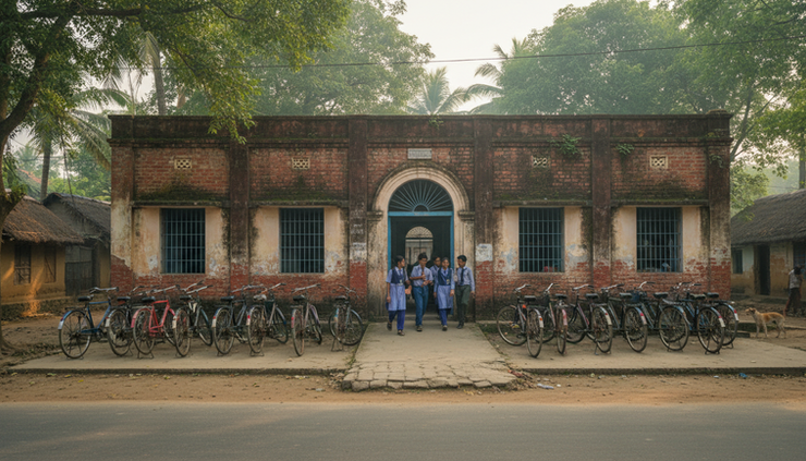 ওয়াইড-অ্যাঙ্গেল দৃশ্যে পশ্চিমবঙ্গের একটি সরকারি স্কুল ভবন দেখা যাচ্ছে।