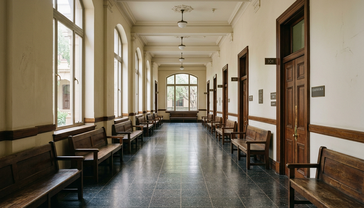 Wide-angle view of a quiet courthouse corridor with public benches.