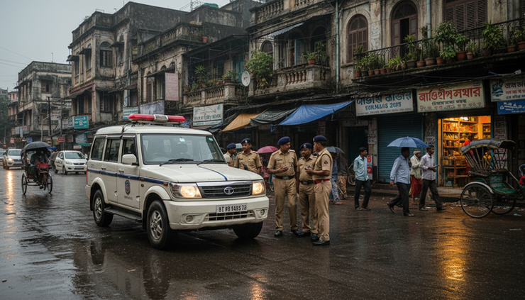 আই-লেভেল দৃশ্যে বর্ষার দিনে পুলিশের একটি গাড়ি রাস্তার ধারে দাঁড়িয়ে আছে