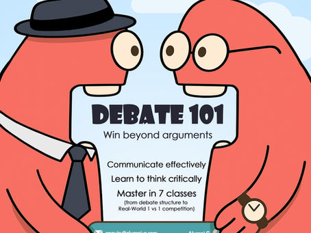 Two animated characters engage in a lively debate over a "Debate 101" poster by Alumni G, emphasizing critical thinking and effective communication skills in a 7-class mastery program.