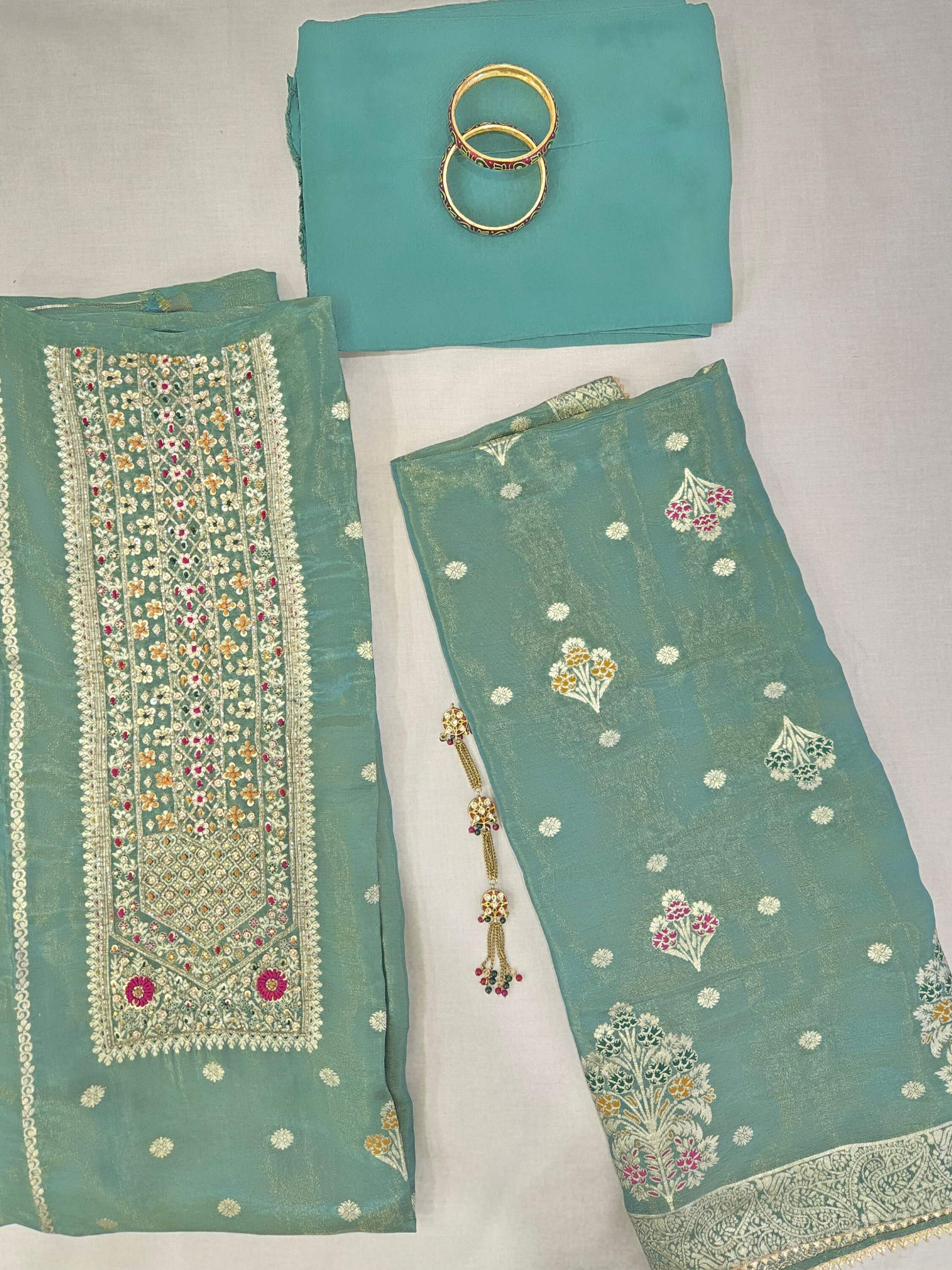 Teal Suit with Zari Work and Banarasi Dupatta