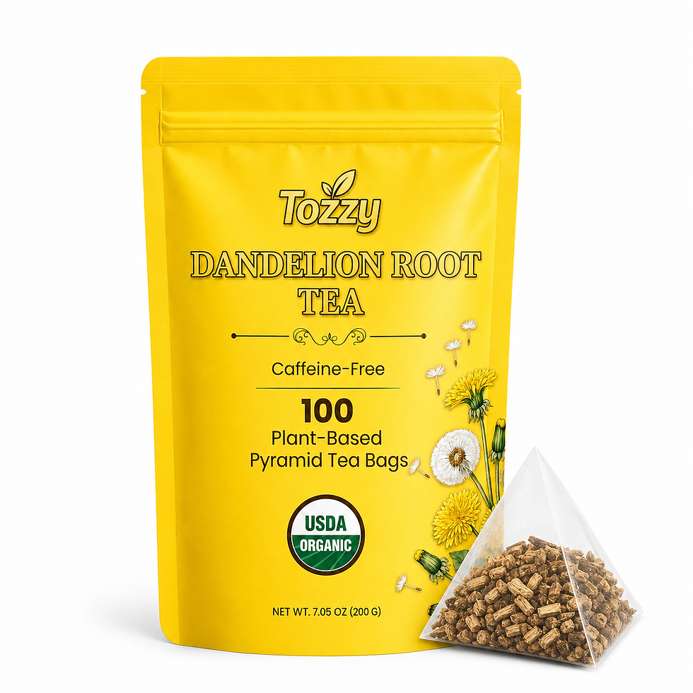 Tozzy USDA Organic roasted dandelion root tea pouch with 100 plant-based pyramid tea bags and deep, earthy toasted flavor