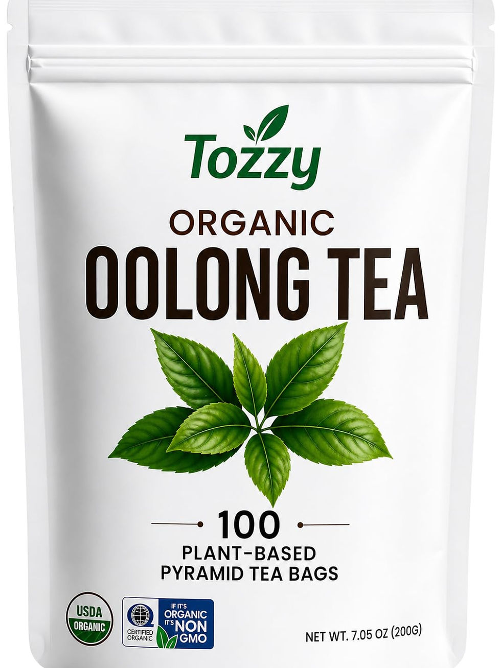 Tozzy USDA Organic oolong tea pouch with 100 plant-based pyramid tea bags and smooth floral, vegetal and toasted notes