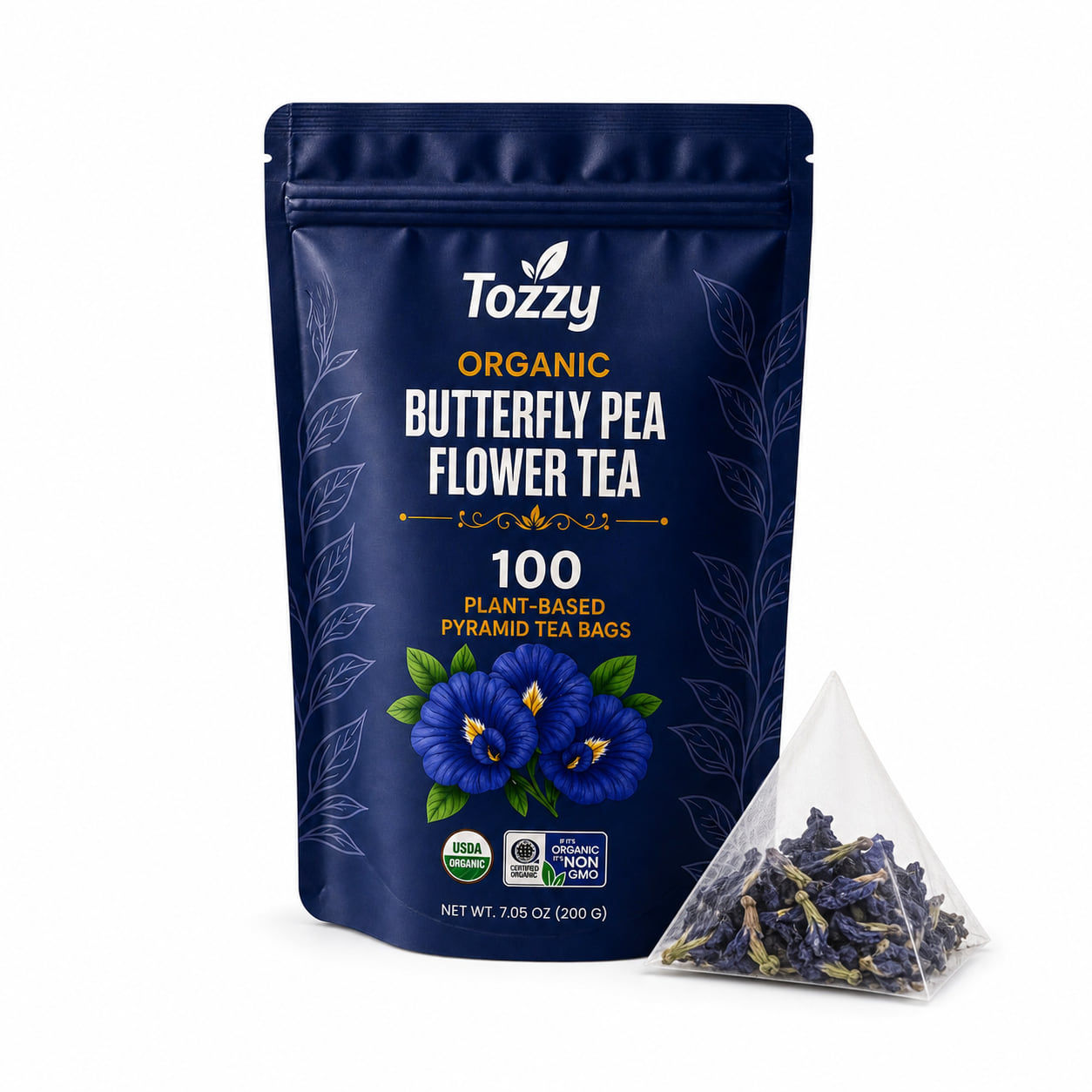 Tozzy USDA Organic butterfly pea flower tea pouch with 100 plant-based pyramid tea bags for a vivid blue caffeine-free herbal infusion
