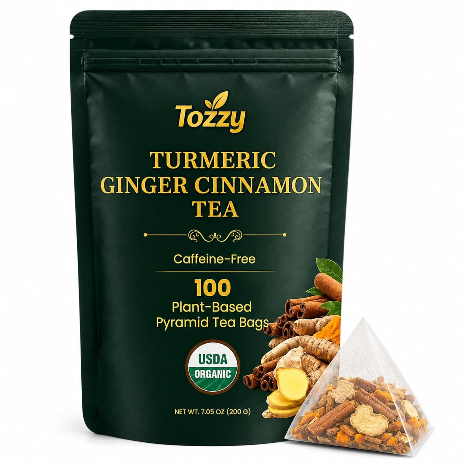 Tozzy USDA Organic turmeric, ginger and cinnamon tea pouch with 100 plant-based pyramid tea bags and warm aromatic spices